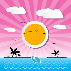 Sunset Ocean Background with Sun, Palm, Island, Clouds and Fish