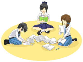 Group of Thai students are studying together in isolated backgro