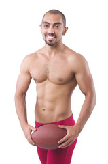 Fototapeta premium Sportsman training with american football isolated on white