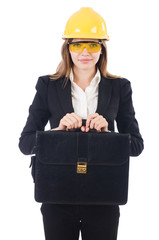 Pretty businesswoman with hard hat and portfolio  isolated on wh