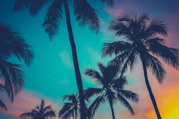Fotobehang Turquoise Hawaii palmbomen bij zonsondergang
