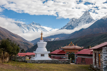 Buddhist stupa with Everest, Lhotse and Ama Dablam in background - obrazy, fototapety, plakaty
