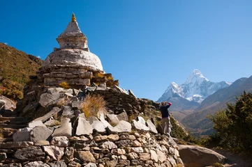Poster Buddhist stupa with Ama Dablam in background, Nepal © ykumsri