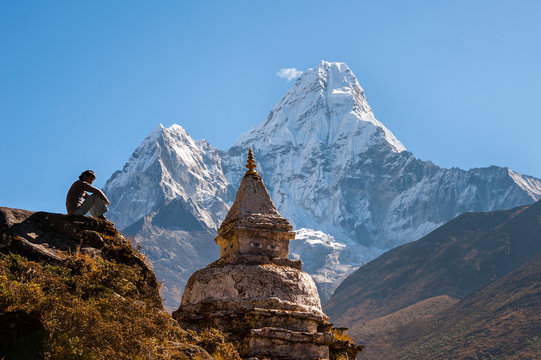 Buddhist Stupa With Ama Dablam In Background, Nepal