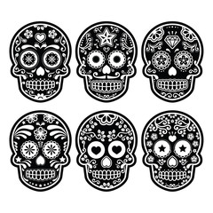 Mexican sugar skull, Dia de los Muertos black icons set