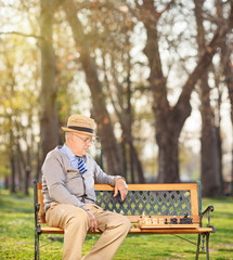 Senior playing chess alone seated on bench in park