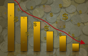 Yellow bar-Graph down and arrow with Coin is a background