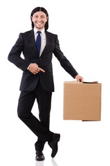 Funny man with boxes on white