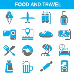 food and travel icons, blue color icons