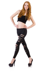 Fototapeta premium Girl with torn leggings on white