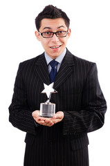 Funny guy receiving award on white