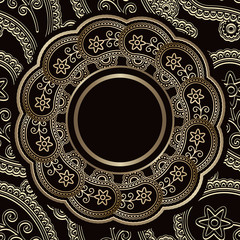 Vintage background, gold round frame over pattern