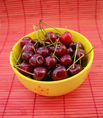 Fresh cherries in a yellow bowl