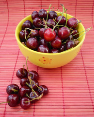 Fresh cherries in a yellow bowl