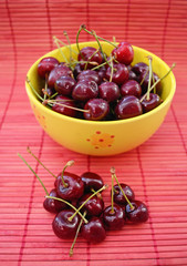 Fresh cherries in a yellow bowl