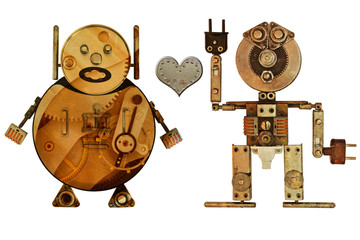 Lovers robots isolated on white background