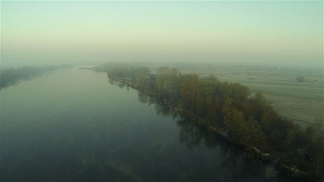 mystical river at sunrise with fog.  Aerial
