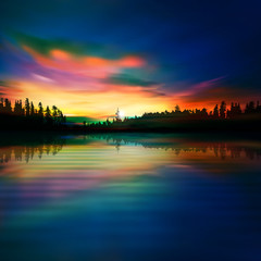 abstract nature blue background with forest lake and sunrise