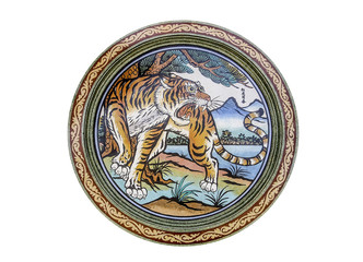 painting in Chinese temple, tiger in forest
