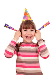 happy little girl with trumpets and hat birthday party