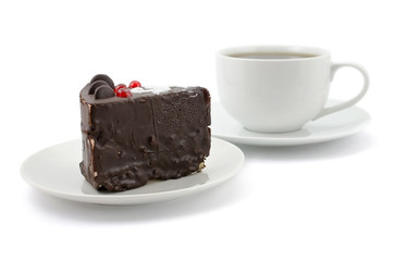 Chocolate cake and cup of tea