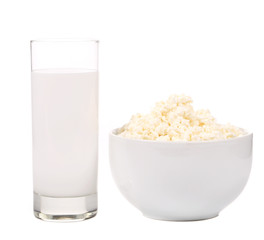 Bowl with Cottage cheese and glass of milk