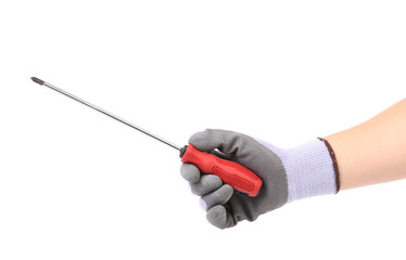 Hand holding screwdriver.