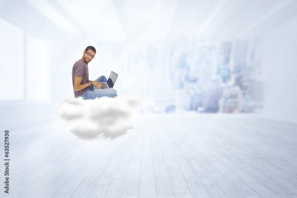 Poster composite image of man wearing glasses sitting on cloud using la