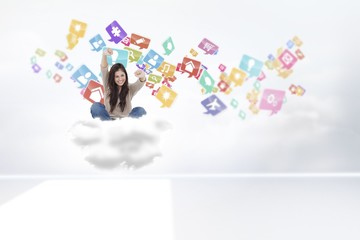 Composite image of woman looks straight ahead as she celebrates