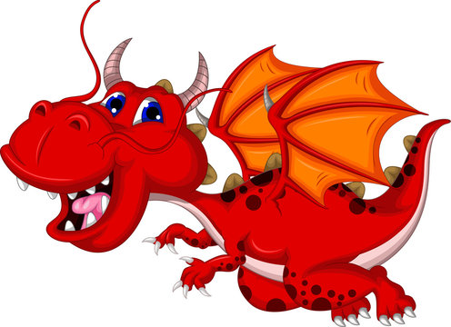 funny red dragon cartoon flying