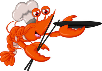 Cartoon Chef lobster with chopsticks and bowl