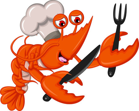 Cartoon Chef lobster with fork and knife