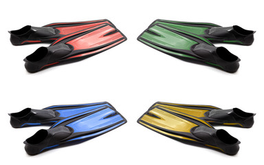 Set of multicolored swim fins on white background