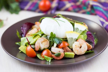 Fresh salad with shrimps, tomatoes, herbs, avocado, poached egg