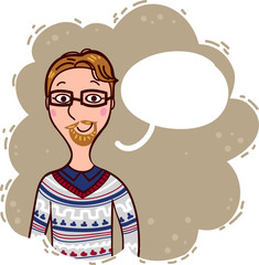 Hipster says something and smiling.