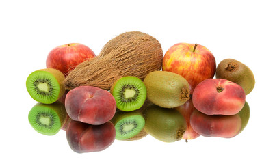 coconut and fresh fruit on a white background.