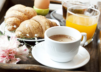 French Breakfast with Coffee, Flower and Croissants