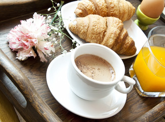 French Breakfast with Coffee, Flower and Croissants