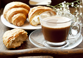 Cappuccino Coffee in Transparent Cup and Croissants
