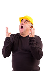 Worker with hard hat screaming