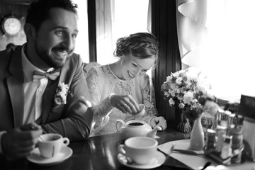 Groom and bride on wedding day.