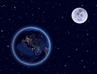 Planet earth and moon on night sky. Europe, Africa and Asia.