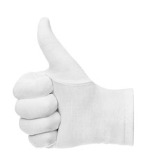 white glove showing thumbs up on white background