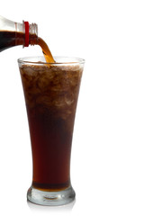 Cola pour into glass ice on white.
