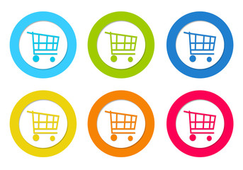 Set of colorful rounded icons with shopping cart symbol