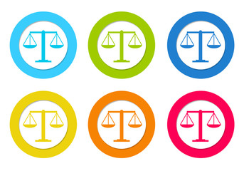 Set of colorful rounded icons with justice scale symbol