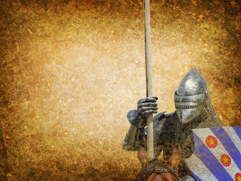 Armored knight on warhorse - retro postcard