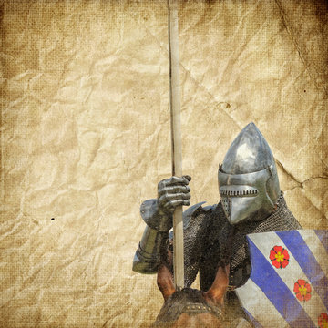 Armored knight on warhorse - retro postcard