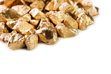 Gold nuggets on white background.
