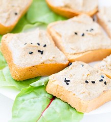 Slice of toasted baguette with creamy tuna paste